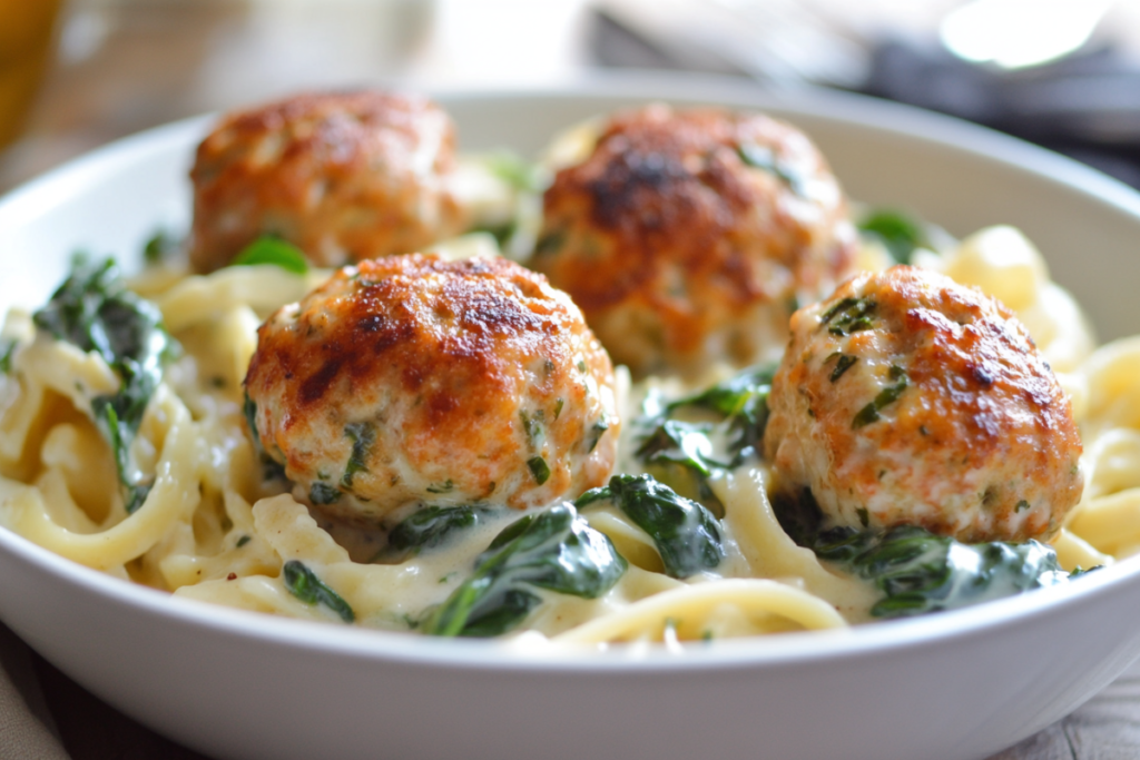 Indulge in Chicken Ricotta Meatballs with Spinach Alfredo Sauce! A creamy,