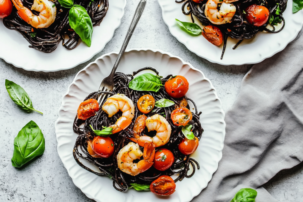 Squid ink pasta recipe with shrimp is delicious!