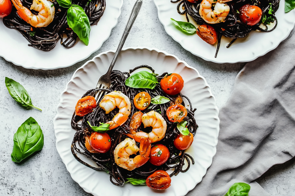 Squid ink pasta recipe with shrimp is delicious!